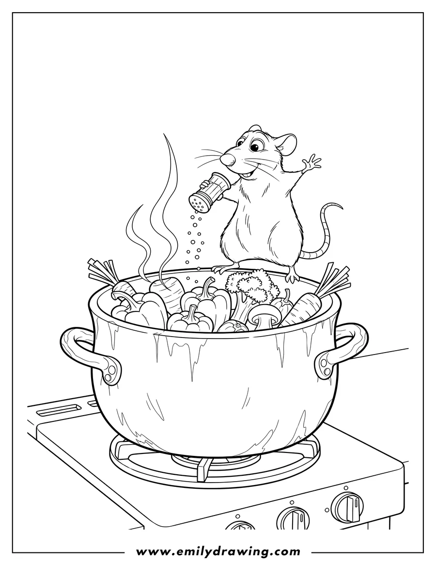 Free to print drawing of ratatouille perched on a pot's rim, shaking salt into vegetables