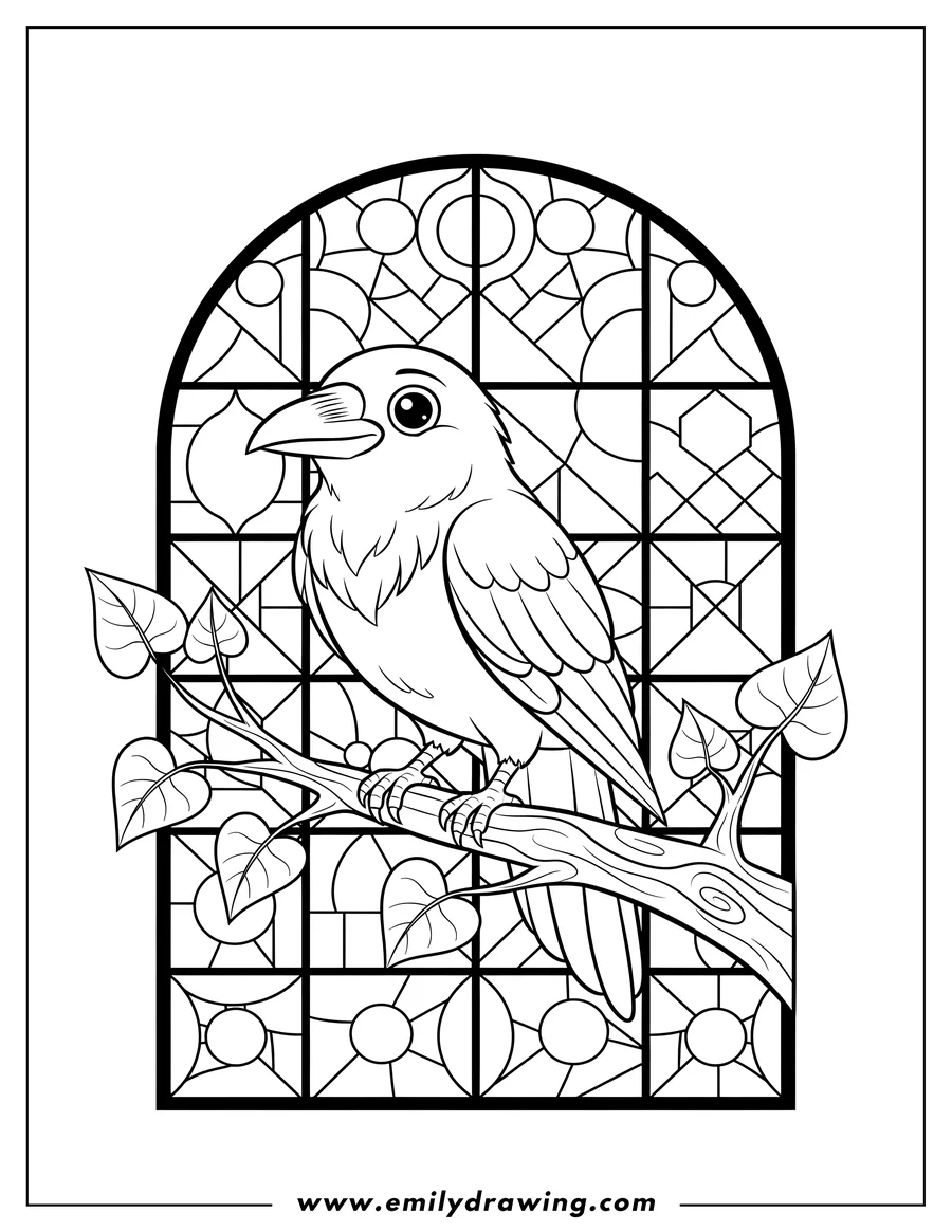 Printable line art of raven perched on a branch with leaves, against a stained glass background