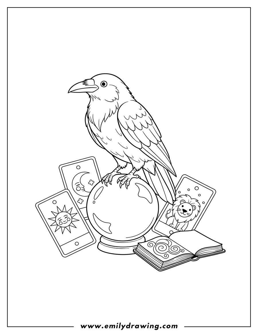 Full page coloring image of raven