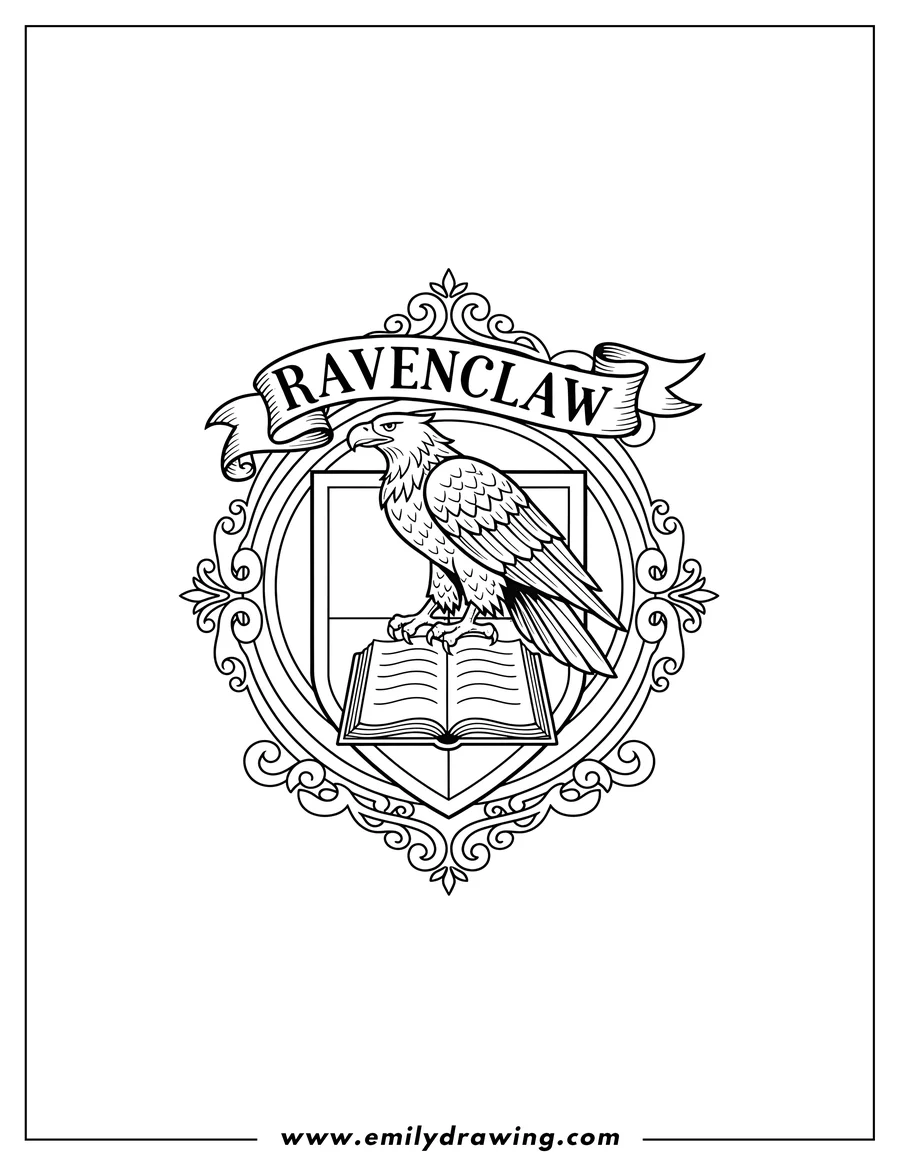 Doodle style coloring picture of ravenclaw Insignia with a bird on a shield and a banner