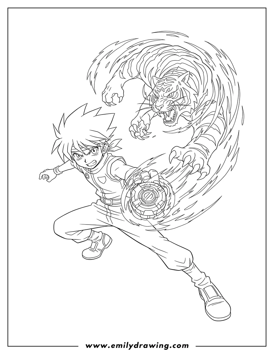 Doodle style coloring picture of ray Kon launching Beyblade with fierce Driger spirit