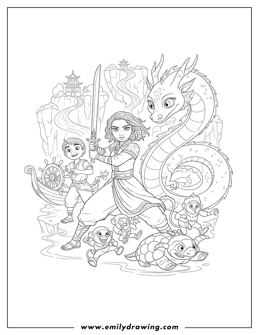 Vector style outline of raya And Last Dragon Poster: Raya wielding her sword, alongside Sisu and their friends