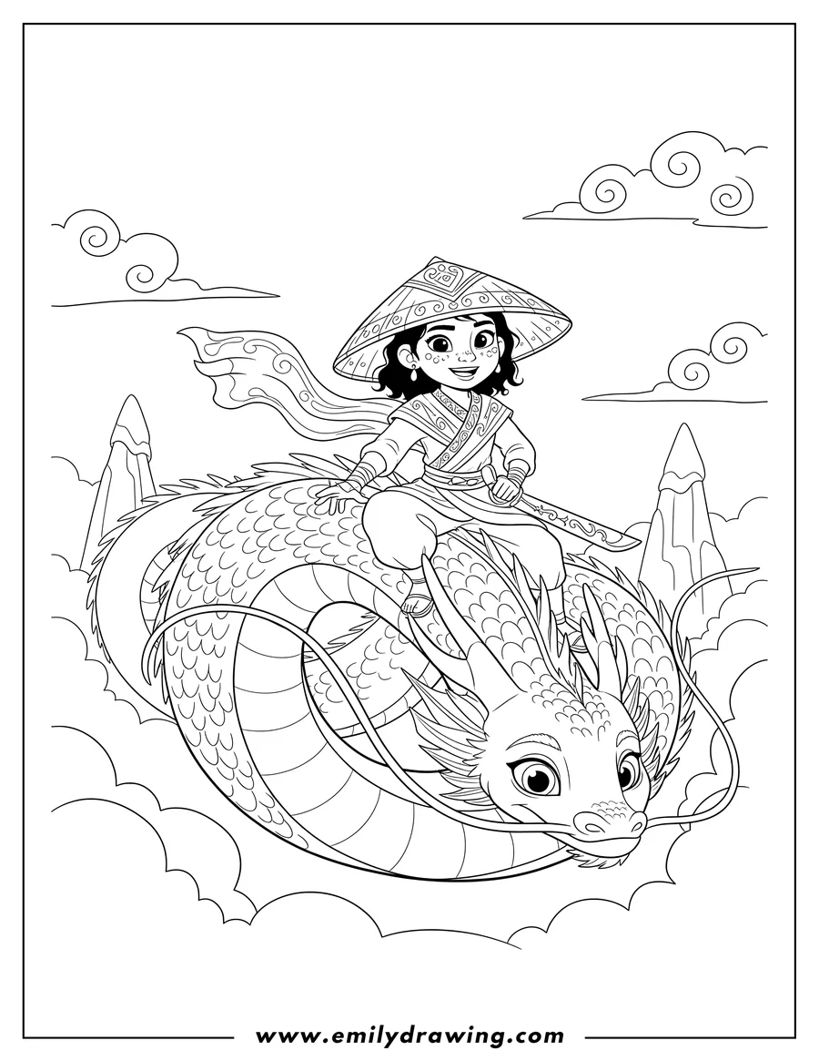 Coloring sheet featuring raya And Last Dragon Movies: Raya in her conical hat with Sisu the dragon