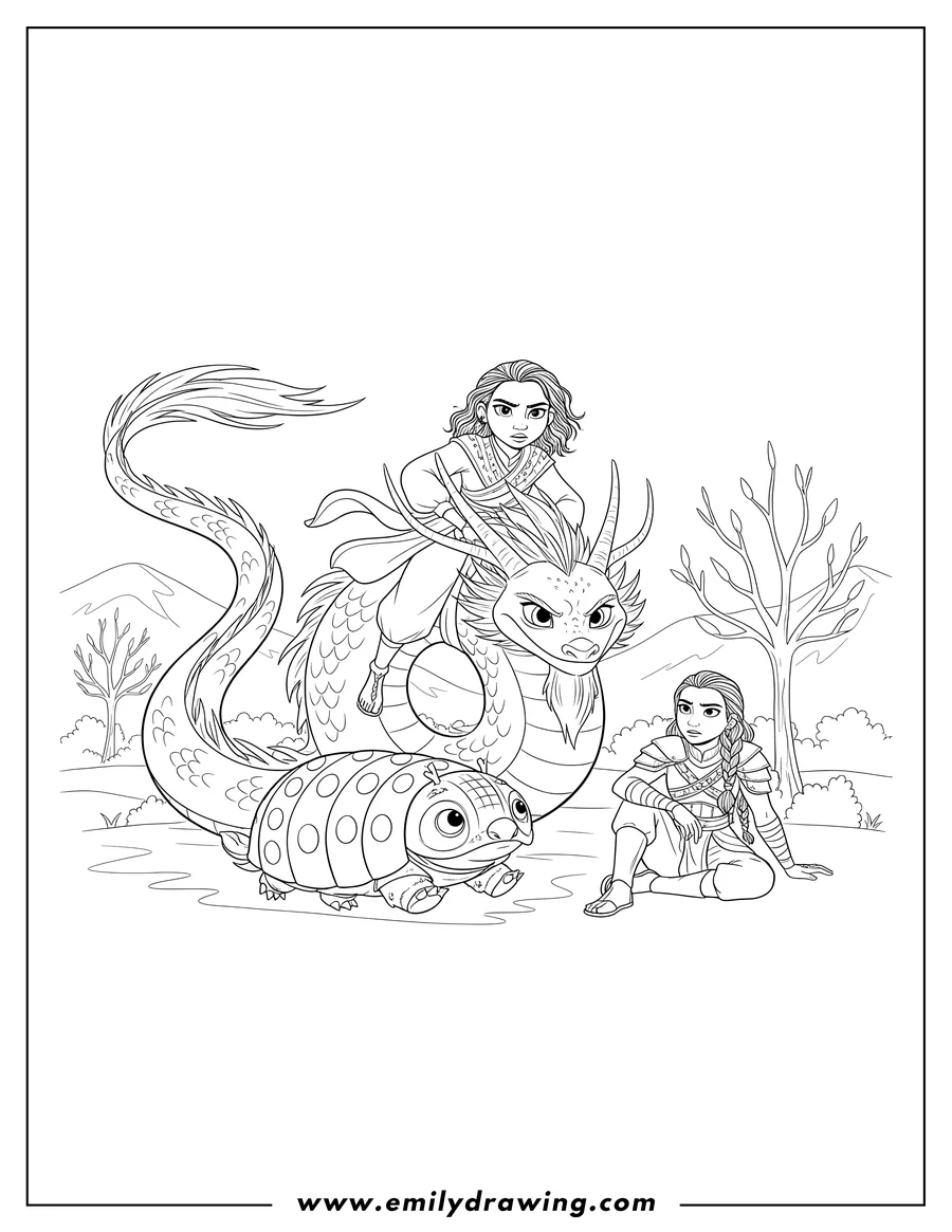 Coloring page of raya riding Sisu, with Tuk Tuk in front and Namaari sitting on the ground