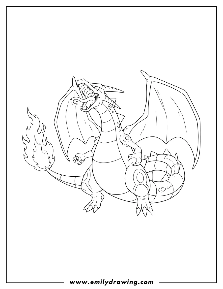Coloring page for kids: rayquaza Charizard Mix, roaring with spread wings and a flame on its tail