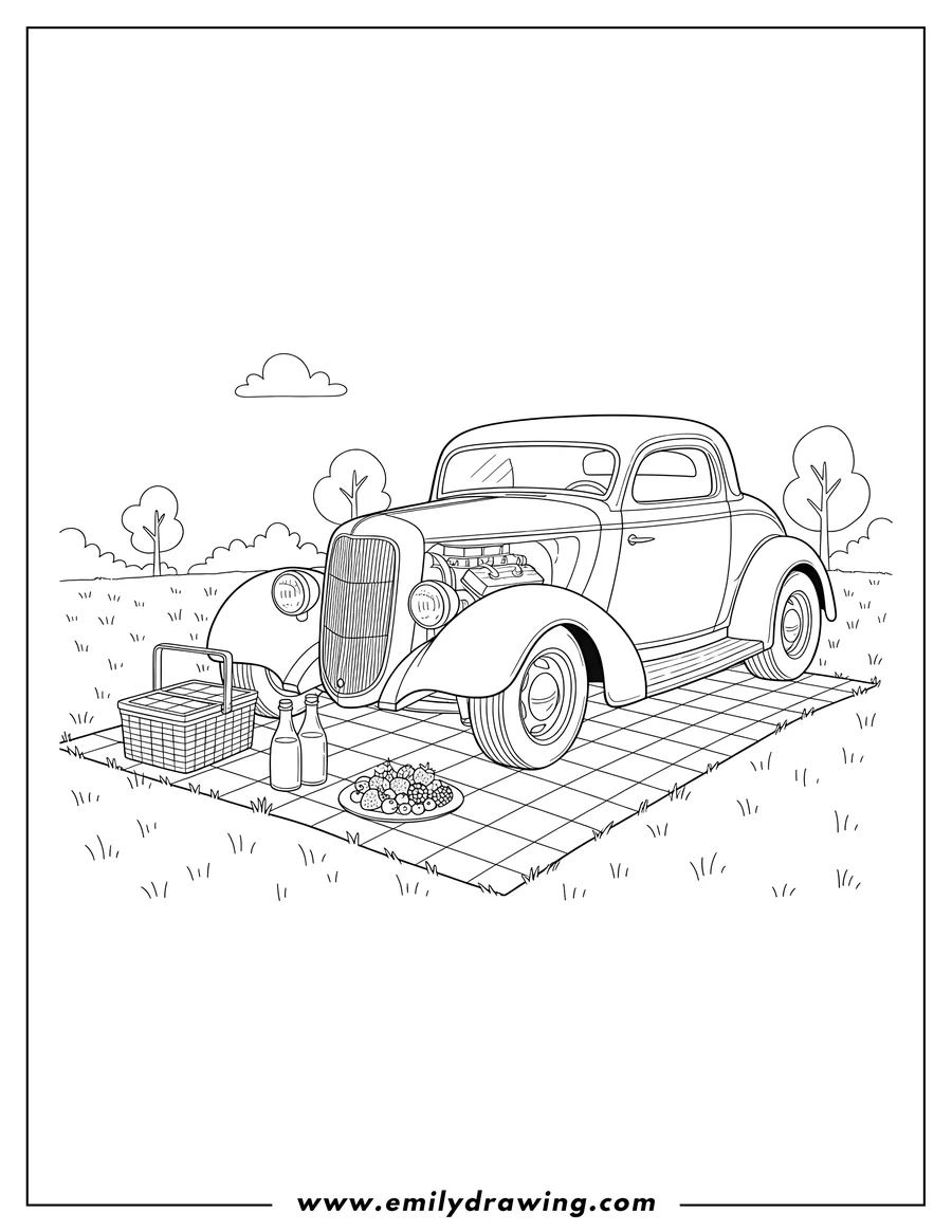 Vector style outline of realistic 1940S Hot Rod At Picnic Park, with a picnic basket, drinks, and a plate of berries on the ground