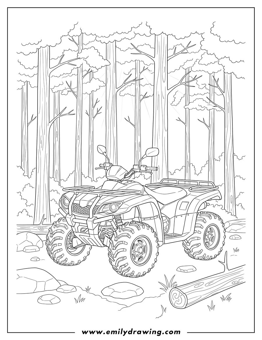 Clean line drawing: realistic 4-wheeler Atv in a forest