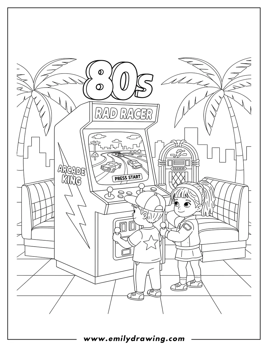 Doodle style coloring picture of 80S Arcade Machine Diner with a car racing game on screen and palm trees