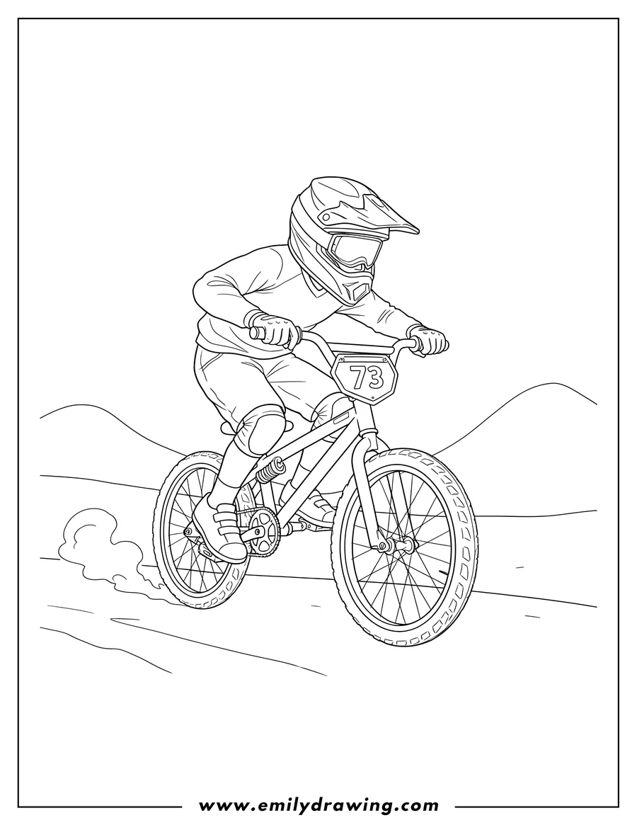 Coloring sheet featuring A cyclist wearing a helmet, racing a BMX bike while leaning forward