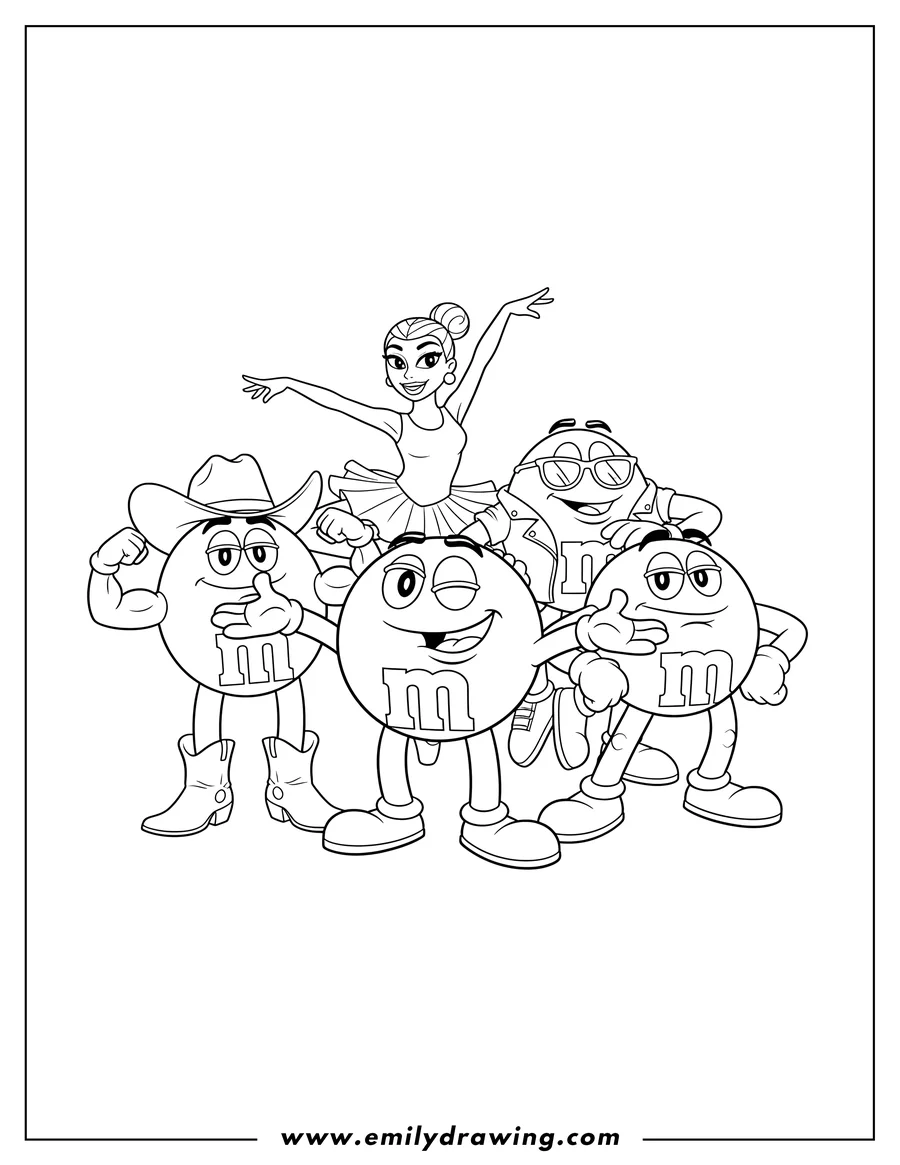 Coloring page for kids: A group of Red Yellow Orange Purple And Green Mms posing