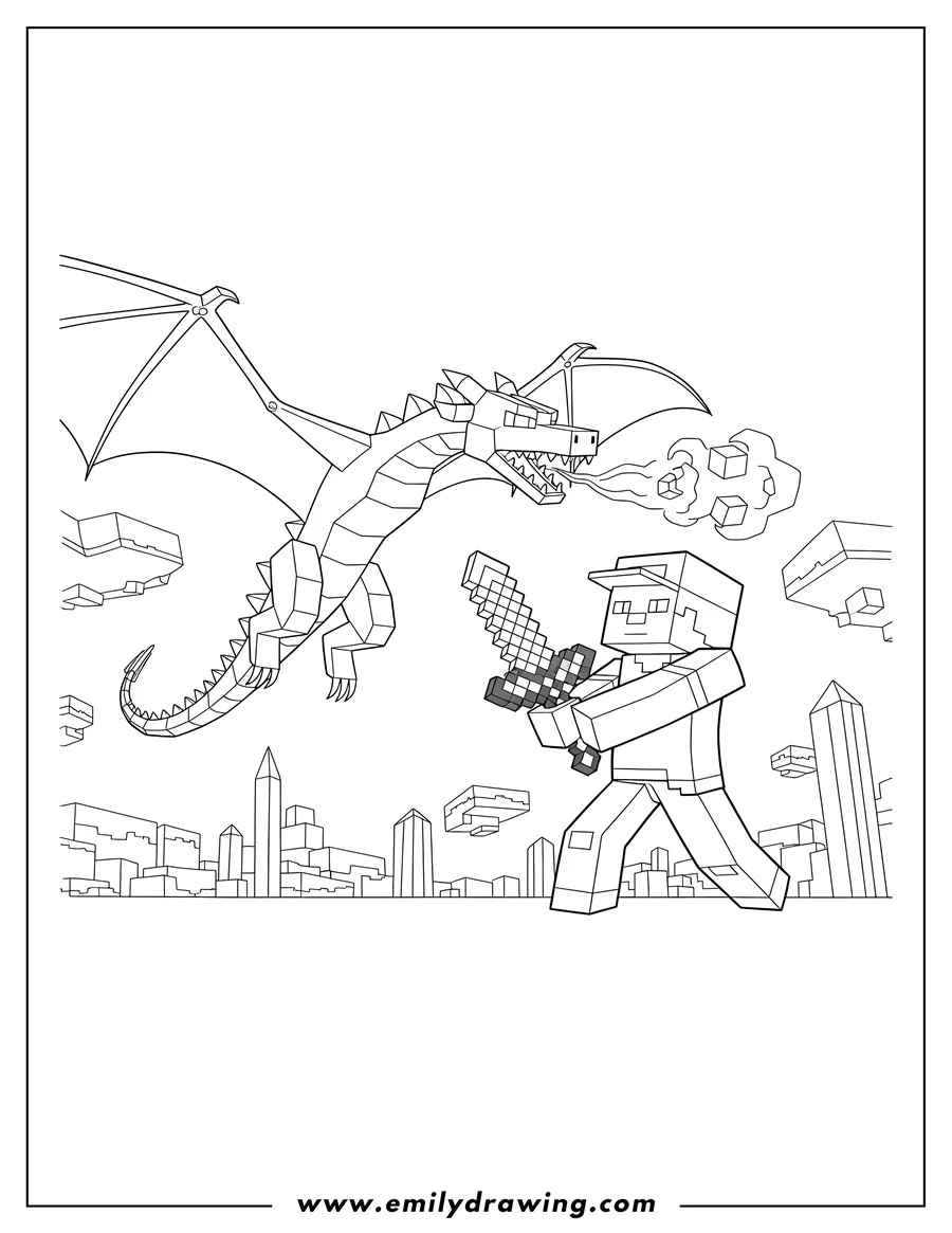 High quality printable A Minecraft player holding a sword facing a flying Ender Dragon for coloring