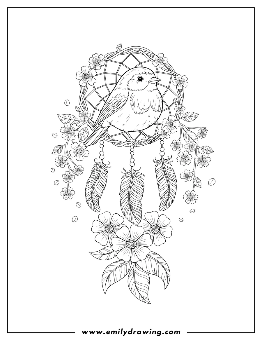 Black and white line art of A Sacred Robin perched inside a floral dreamcatcher with a web pattern, feathers, a flower, and leaves