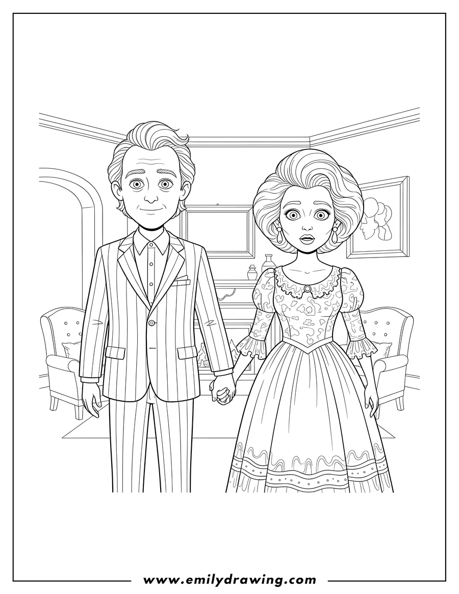 Simple sketch of realistic Adam And Barbara Maitland Beetlejuice Movie holding hands, Barbara looking surprised to color