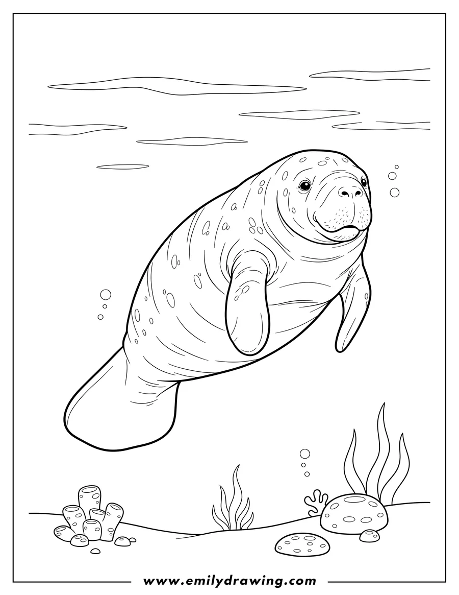 Black and white line art of realistic Adult Manatee swimming