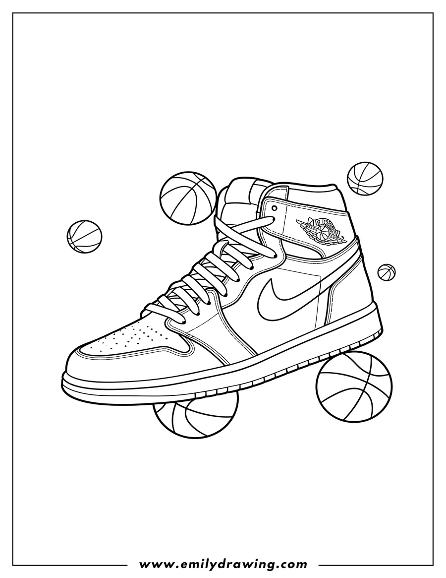 Linear illustration of realistic line art coloring page of a single high-top Air Jordan sneaker with basketballs in the background