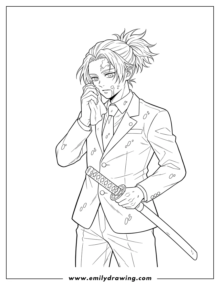 Coloring page for kids: aki with a ponytail wiping blood off his face and suit while holding a katana
