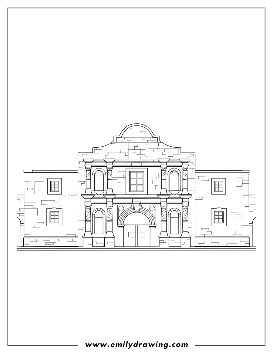 Outline drawing of realistic Alamo Facade Texas, line art with columns and arched entryways