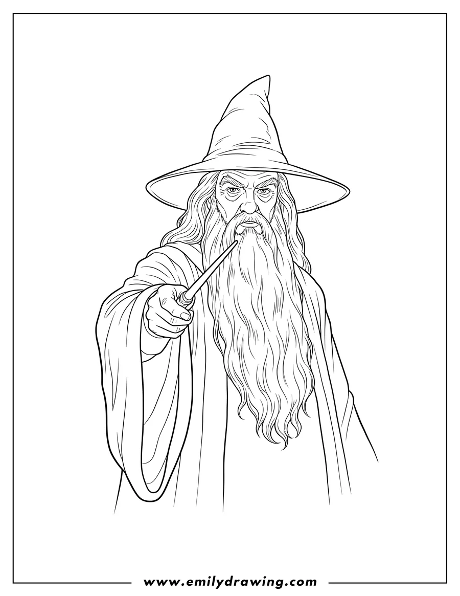 Outline drawing of realistic Albus Dumbledore with a long beard, holding a wand and pointing it forward