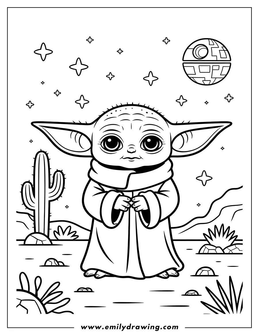 Black and white line art of alien Child