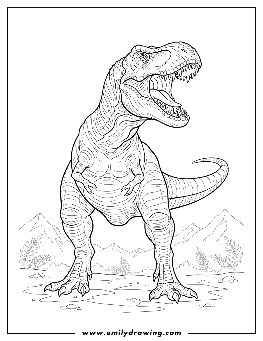 Coloring page of [Scene]: Alpha T Rex Dinosaur Scaled, standing and roaring