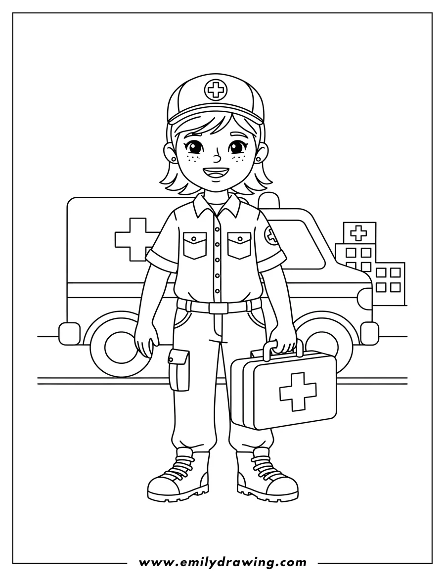 Printable line art of ambulance Driver Community Helper wearing a uniform with a cross and holding a first aid kit