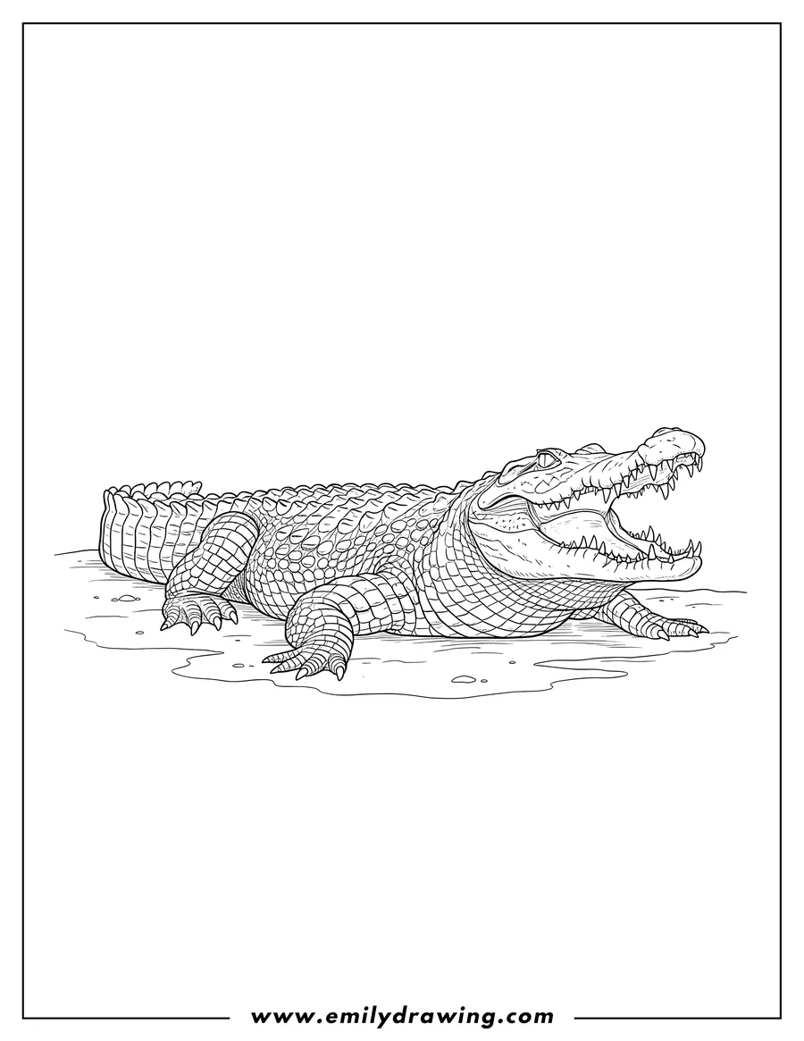 Simple sketch of realistic American Crocodile Scaled, lying down with its mouth open to color
