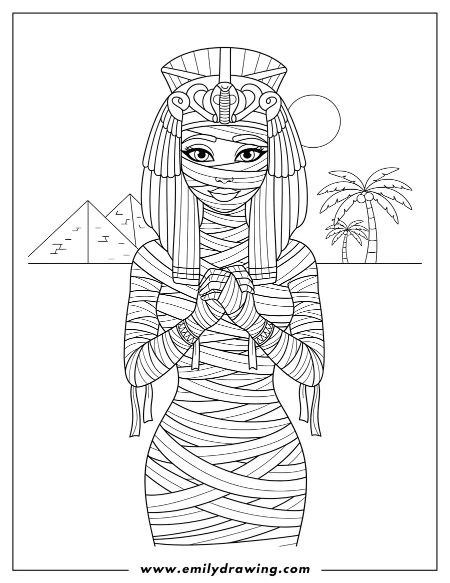 Outline drawing of ancient Egyptian Mummy Queen With Royal Crown, wrapped in bandages and hands clasped