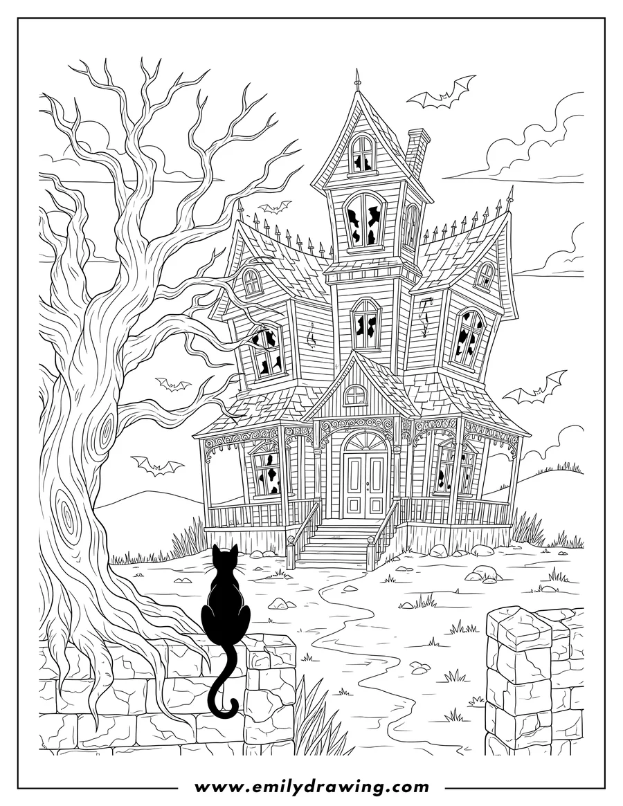 Printable line art of realistic And Creepy Haunted House To Color Scaled with a spooky tree, flying bats, and a black cat