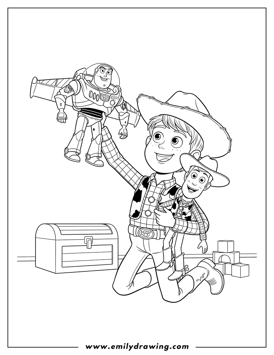 PDF style coloring page: andy wearing a cowboy hat, kneeling and playing with Buzz Lightyear held high and Woody