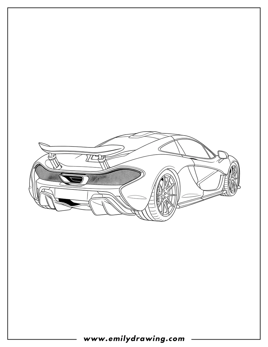 Free to print drawing of realistic angled rear view Mclaren P1 with large rear spoiler and visible rear wheels