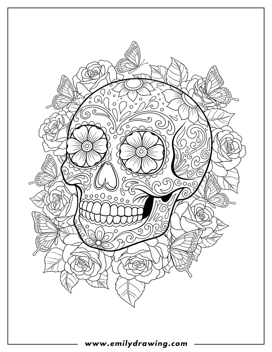 Vector style outline of angled View Sugar Skull with flower-shaped eyes and floral patterns, surrounded by butterflies and plenty of roses