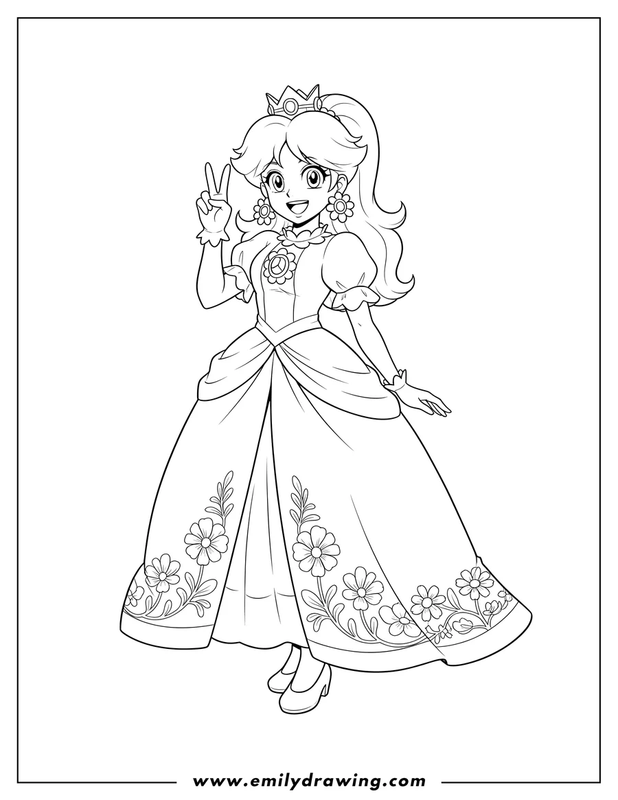 Free printable coloring sheet of anime Princess Daisy making a peace sign, smiling widely, and wearing floral earrings