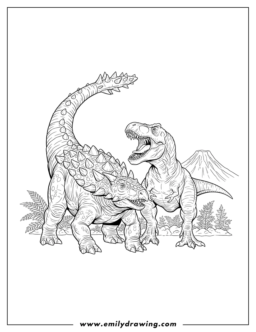 Coloring page of realistic Ankylosaurus with raised tail club fighting a roaring T Rex