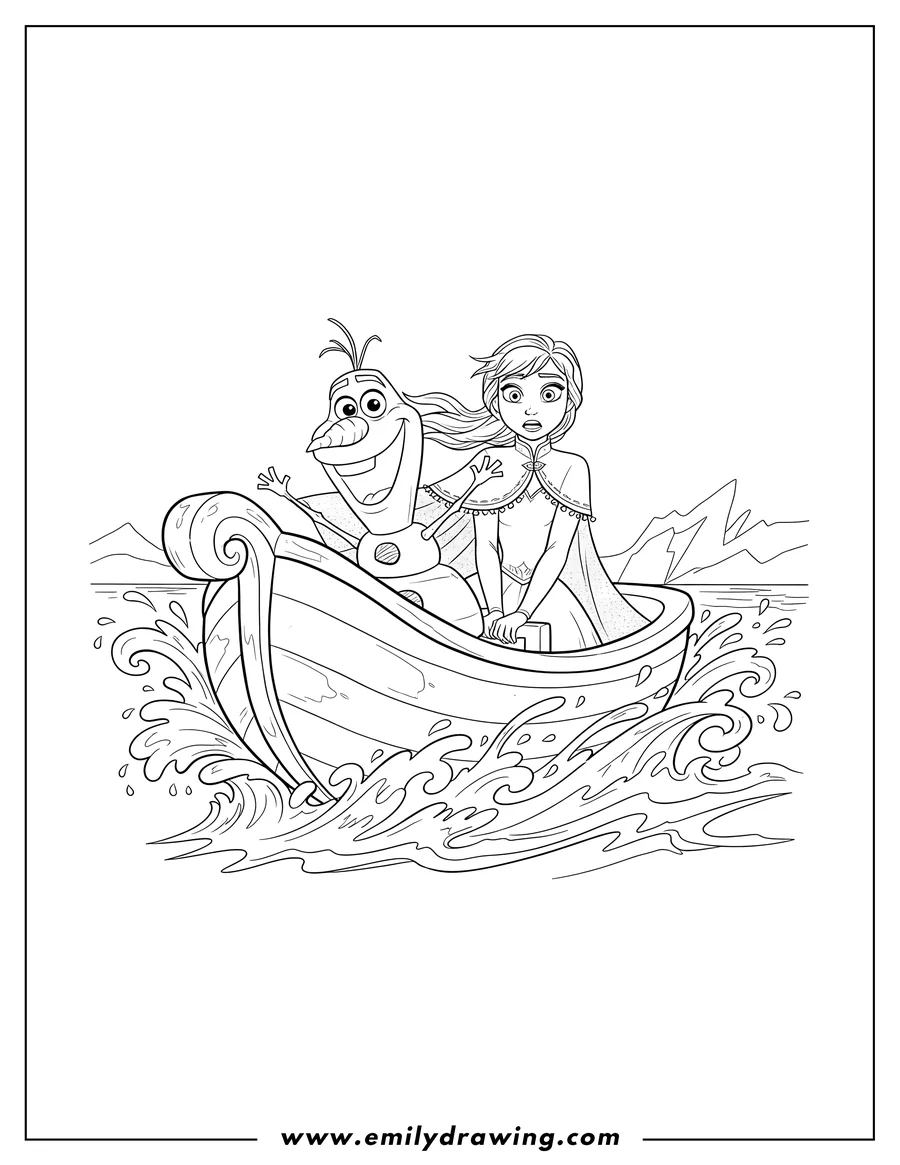 Coloring sheet featuring anna and Olaf riding an ice boat on splashing water, Olaf smiling with arms out, Anna looking surprised