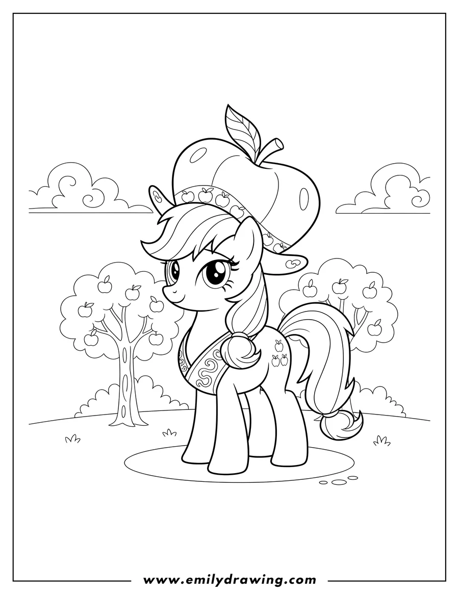 Simple sketch of applejack wearing an apple hat, standing and looking to the side with a decorative sash to color