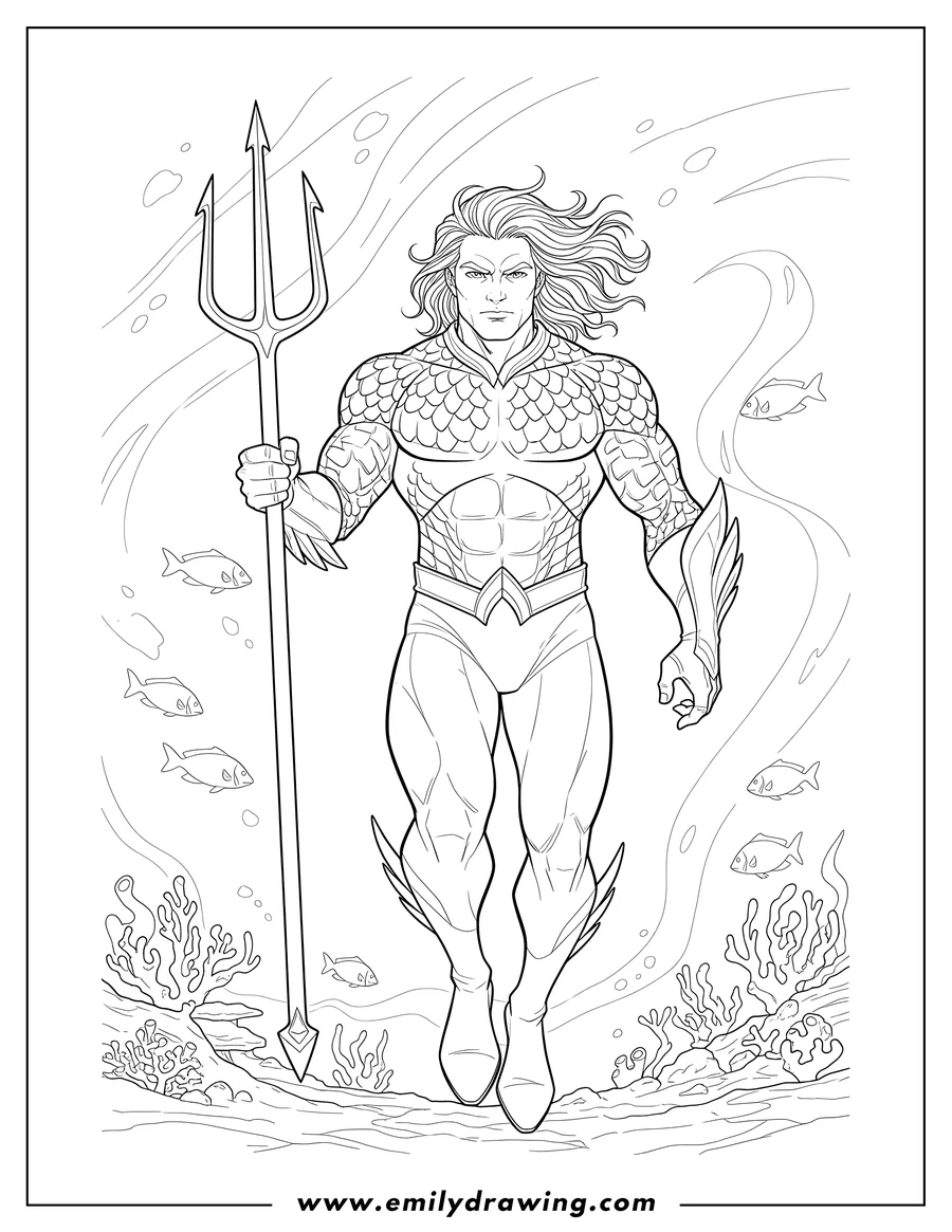 Full page coloring image of aquaman Holding Trident Underwater, muscular with flowing hair and a serious expression