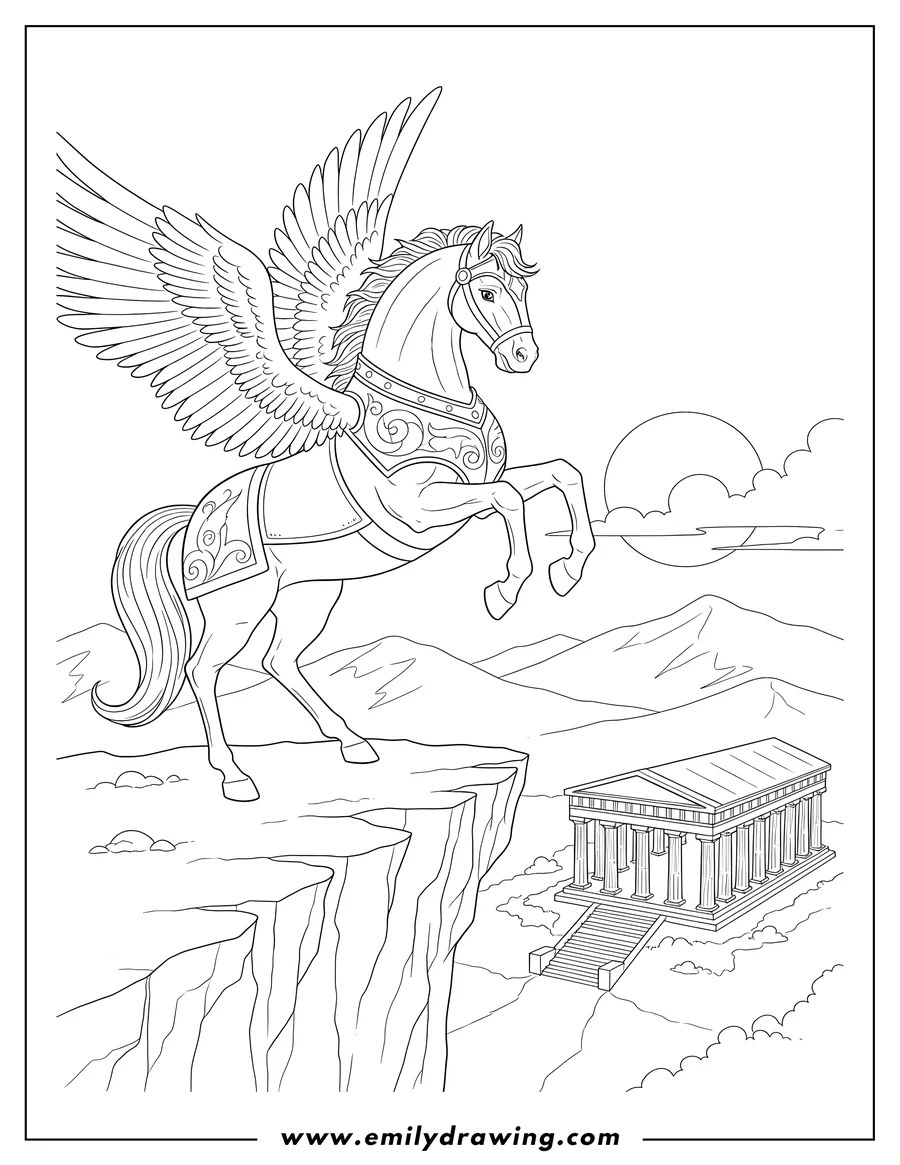 Full page coloring image of armored Pegasus lifting a leg on a cliff overlooking an ancient temple