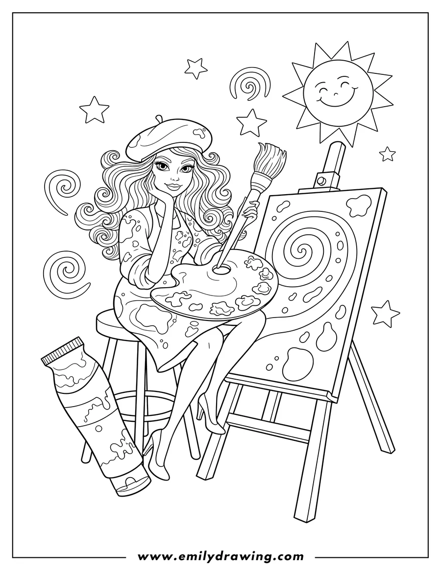 Vector style outline of artist Barbie Scaled sitting with her hand on her chin