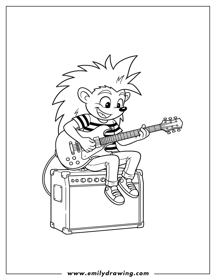 Doodle style coloring picture of ash the hedgehog, with spiky hair, playing an electric guitar while sitting on an amplifier