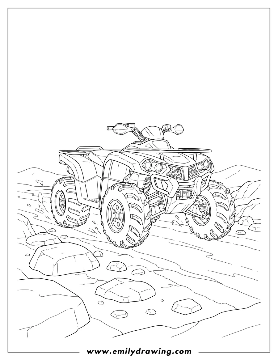 Black and white line art of realistic Atv On Rocky Terrain, outline drawing, with knobby tires