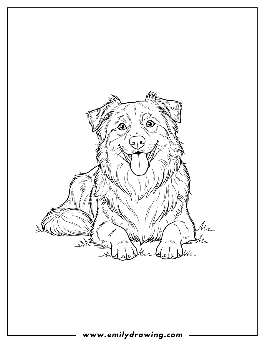 Coloring page of realistic Australian Shepherd lying down, smiling with tongue out