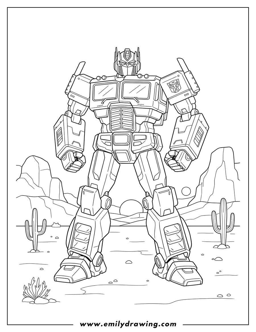 Full page coloring image of autobot Optimus Prime Standing with Clenched Fists in a Desert