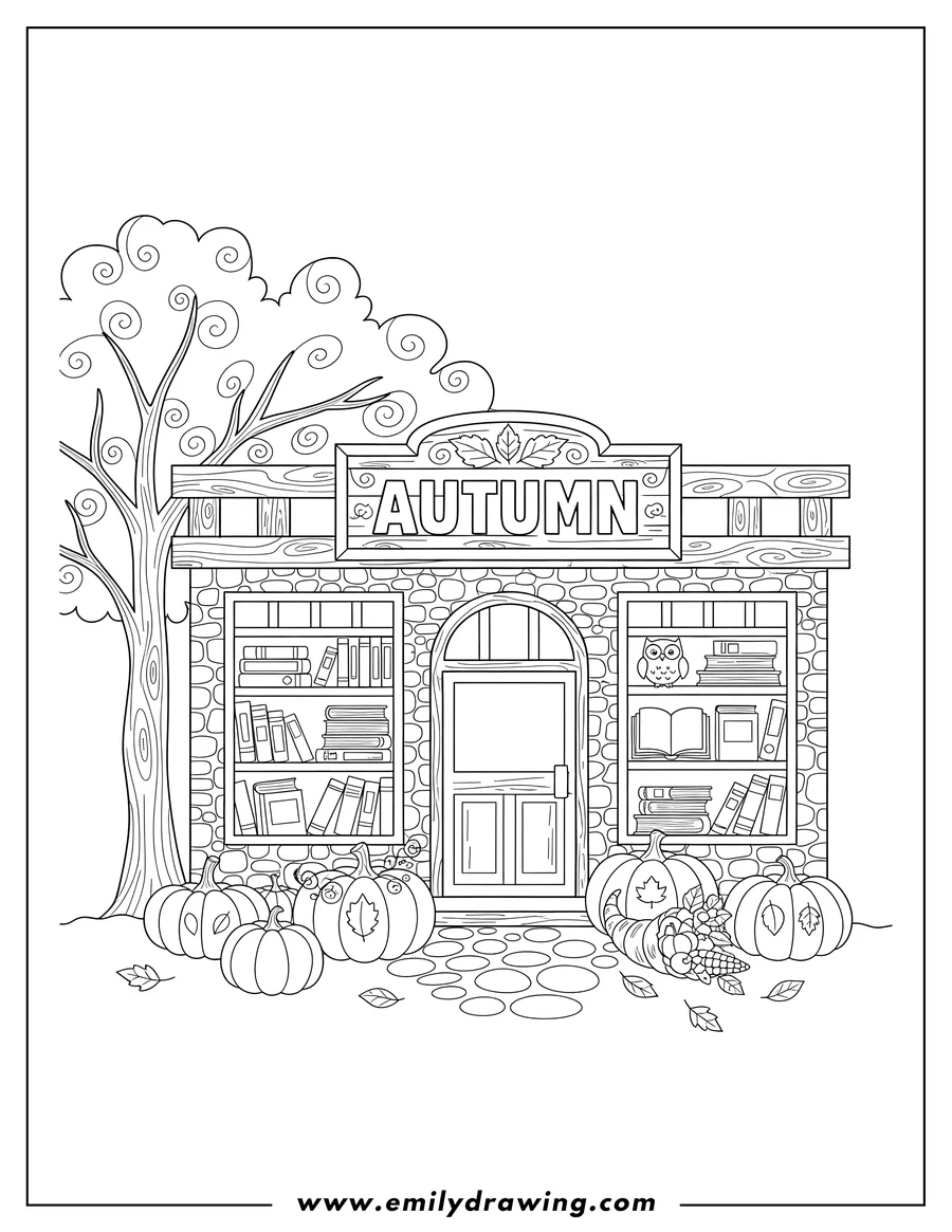 Printable line art of realistic Autumn Bookstore with an 'AUTUMN' sign, books in the windows, and pumpkins decorating the entrance