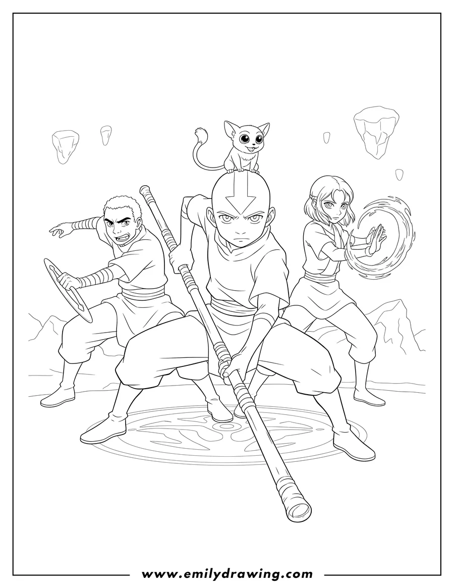 Outline drawing of avatar Last Airbender, featuring Aang with his staff, Katara, Sokka, and Momo