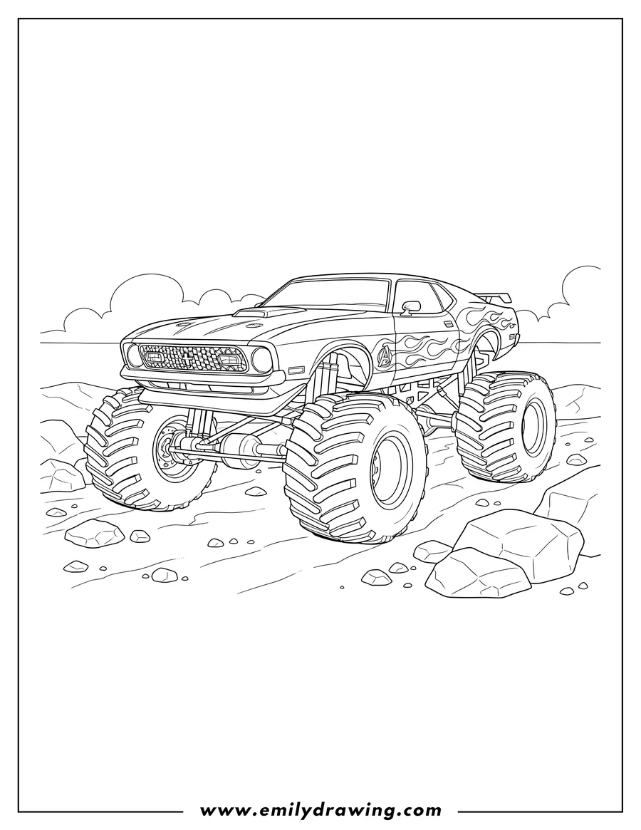 Full page coloring image of avenger Monster Truck with flames and classic car body on rocky terrain