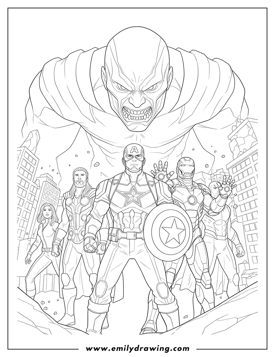 Linear illustration of avengers, with Captain America and Iron Man, looking up at enemy to color