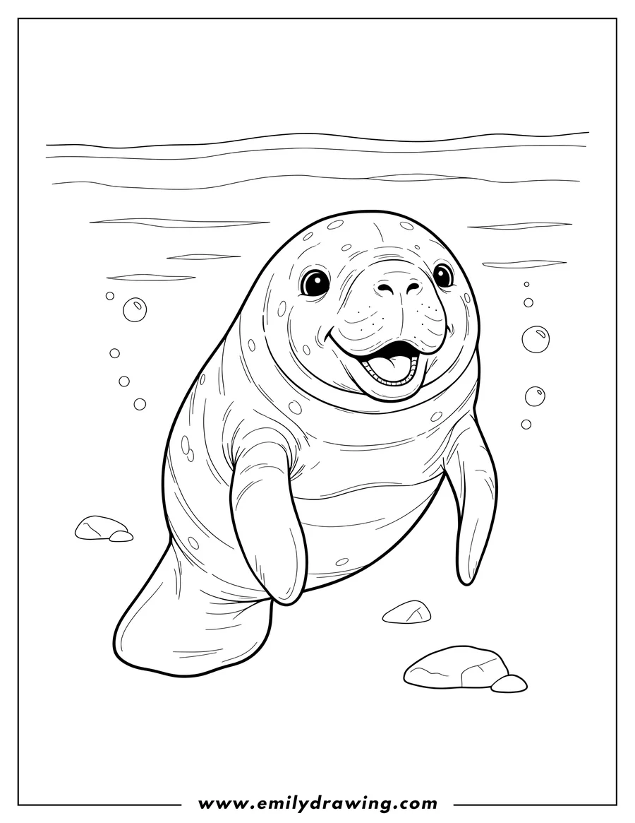 Outline drawing of realistic Baby Manatee Underwater, happily smiling