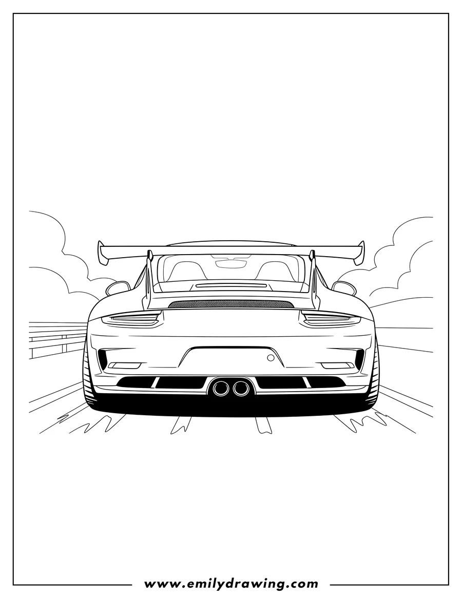 Doodle style coloring picture of realistic Back View Porsche GT3 RS with a large spoiler on a road, coloring page