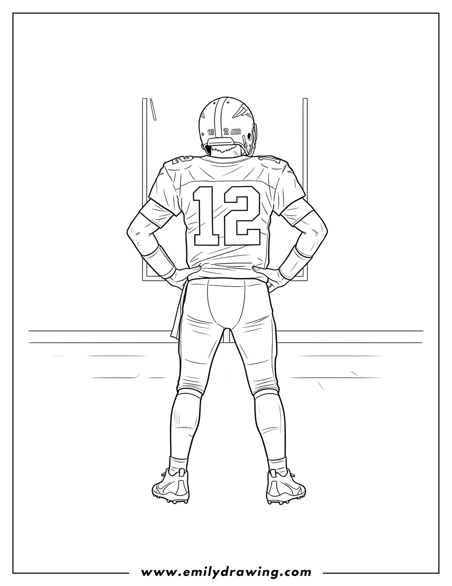 Free to print drawing of back View Tom Brady wearing a helmet and a jersey with number 12, with his hands on his waist