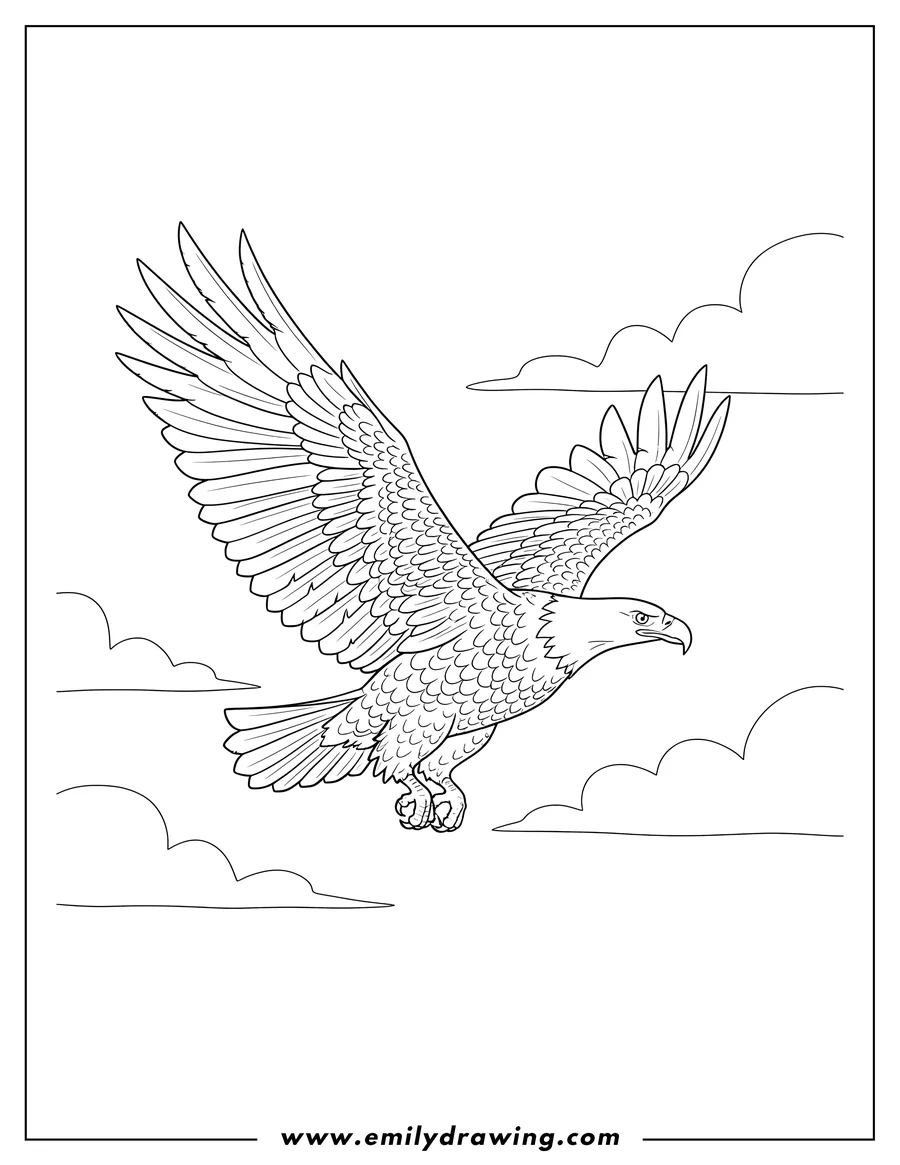 Full page coloring image of bald Eagle Flying With Stunning Wings Scaled, soaring with wings spread wide, in profile view